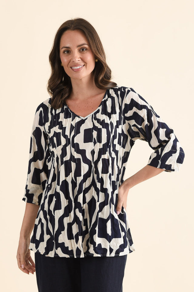 Fia Navy Motif Sleeved Crinkle Cotton Top,Front,Brunette model,alt text|model:MJ