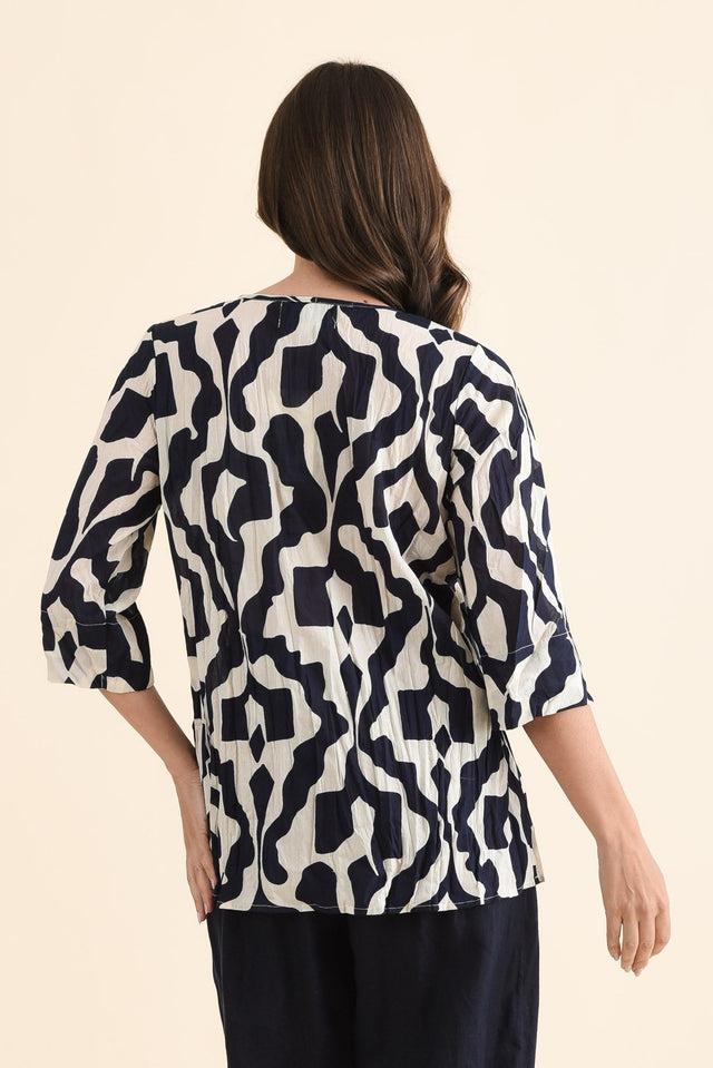 Fia Navy Motif Sleeved Crinkle Cotton Top,Back,Brunette model,alt text|model:MJ image 4