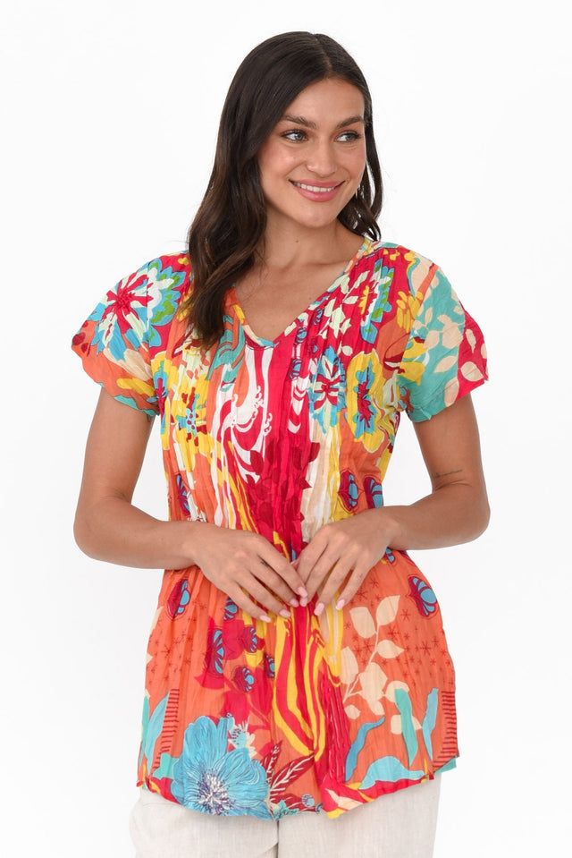 Fia Orange Bloom Cotton Top neckline_V Neck print_Floral sleevetype_Straight length_Hip hem_Straight sleeve_Short TOPS    alt text|model:Brontie image 1