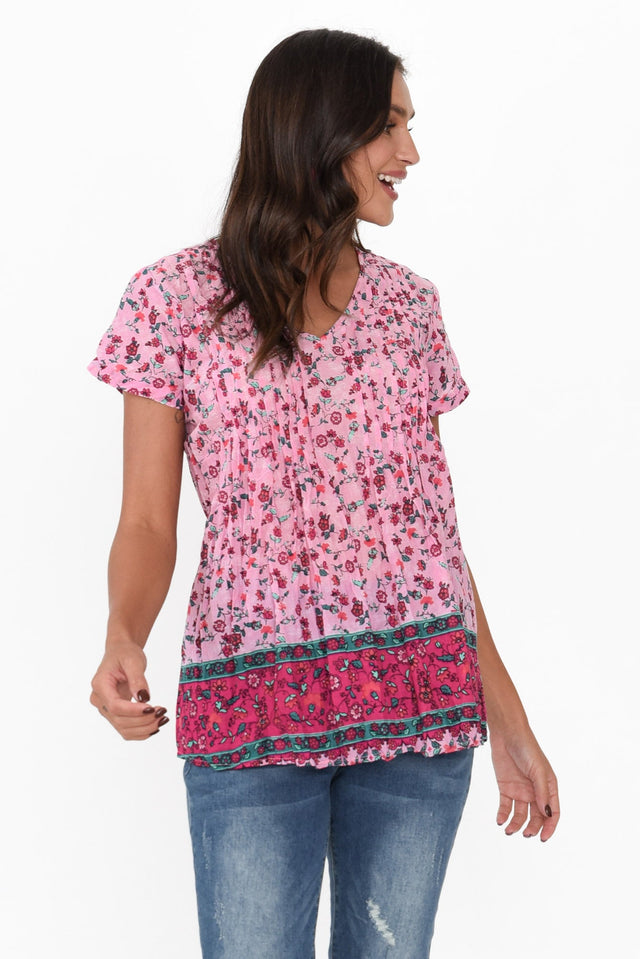 Fia Pink Meadow Cotton Top neckline_V Neck  alt text|model:Brontie;wearing:AU 8 / US 4 image 1