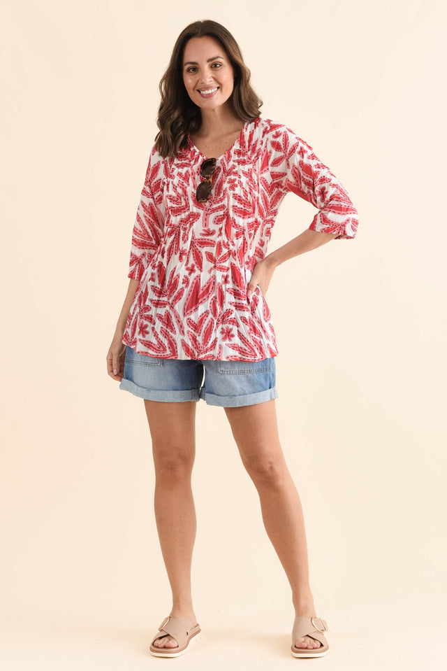Fia Red Leaf Sleeved Crinkle Cotton Top,Full Body,Brunette model,alt text|model:MJ image 2