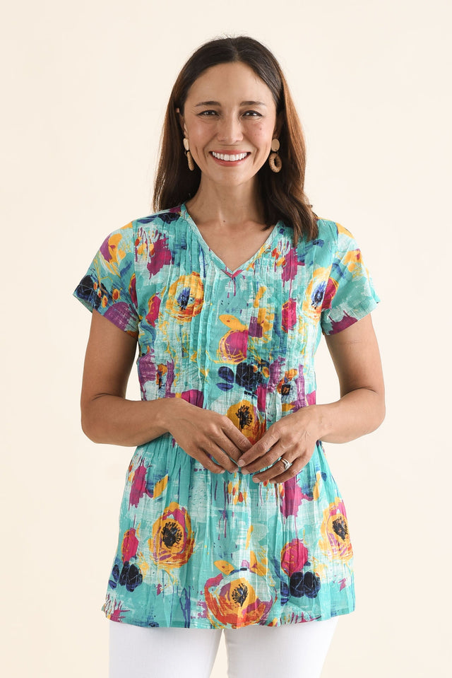 Fia Sky Blue Flower Crinkle Cotton Top,Front,Brunette model,alt text|model:Cara image 1