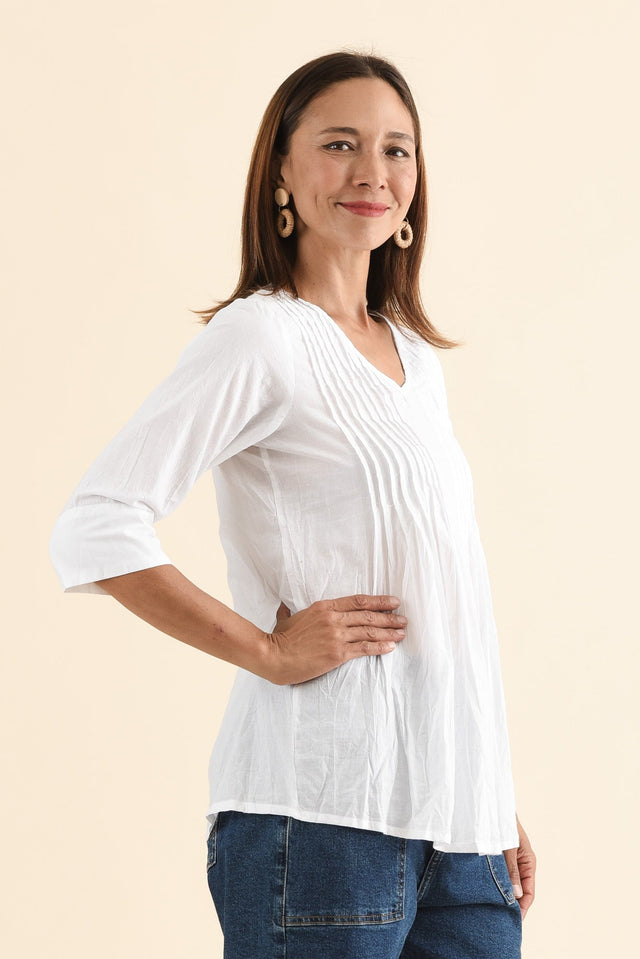 Fia White Sleeved Crinkle Cotton Top,Side,Brunette model,alt text|model:Cara image 4