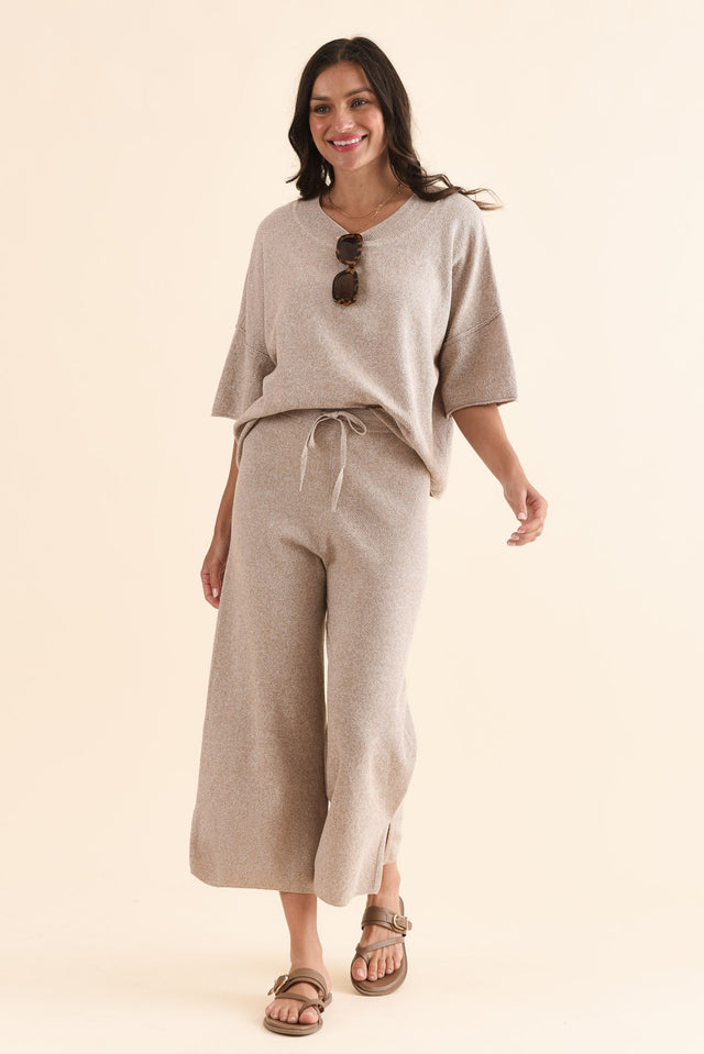 Reina Taupe Cotton Drawstring Pants,Full Body,Brunette model,alt text|model:Brontie