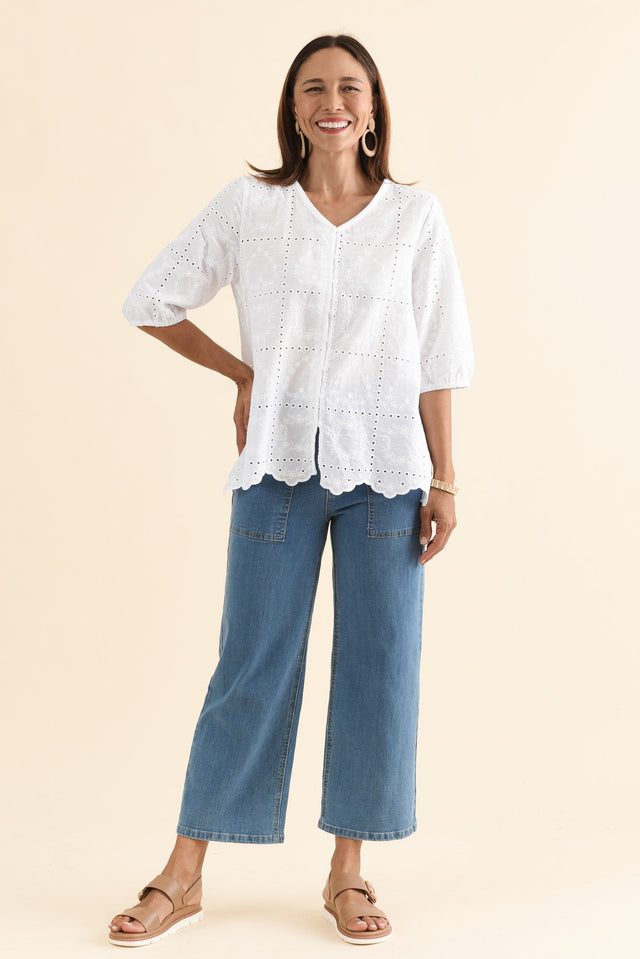Fira White Cotton Embroidered Top,Full Body,Brunette model,alt text|model:Cara image 2