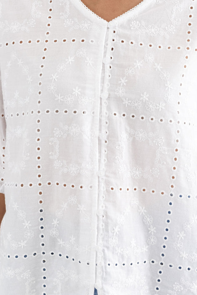 Fira White Cotton Embroidered Top,Detail,Brunette model,alt text|model:Cara image 5