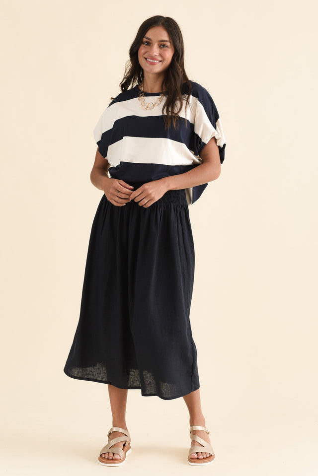 Flair Navy Linen Blend Shirred Skirt,Full Body,Brunette model,alt text|model:Brontie