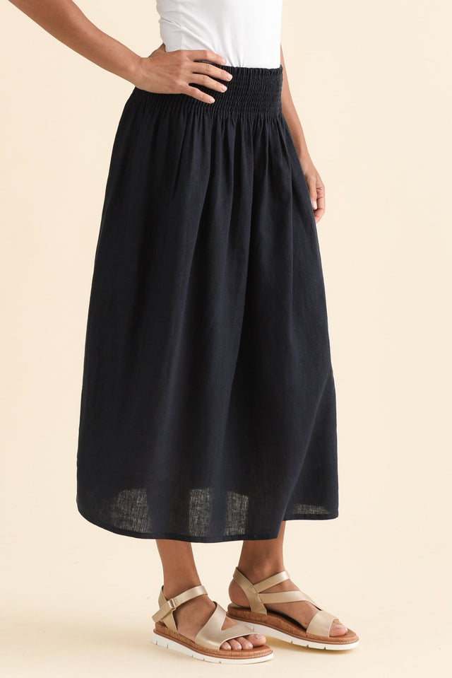 Flair Navy Linen Blend Shirred Skirt,Side,Brunette model,alt text|model:Brontie image 3