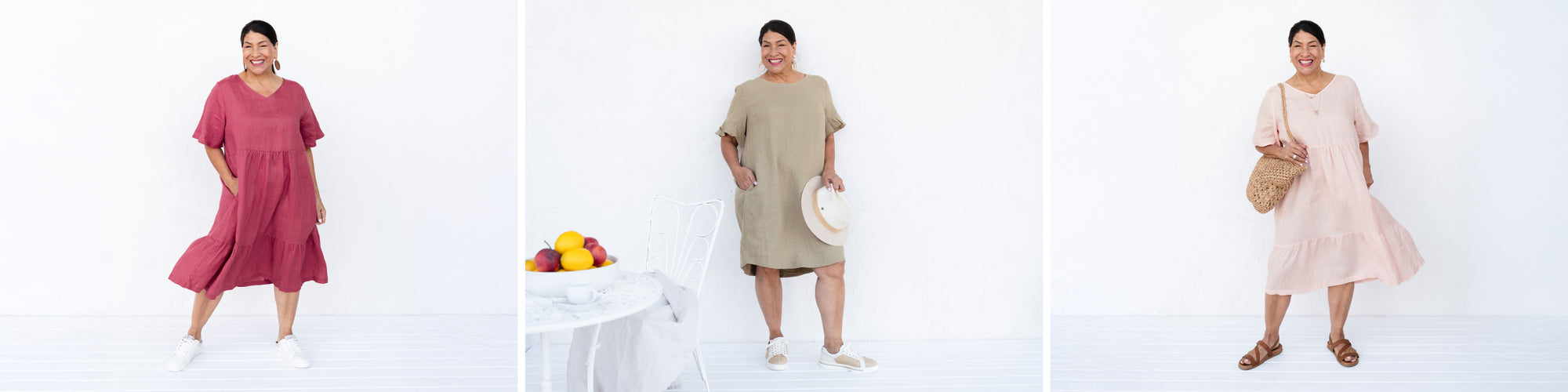Brunette woman in a variety of flowy linen knee-length and midi dresses.
