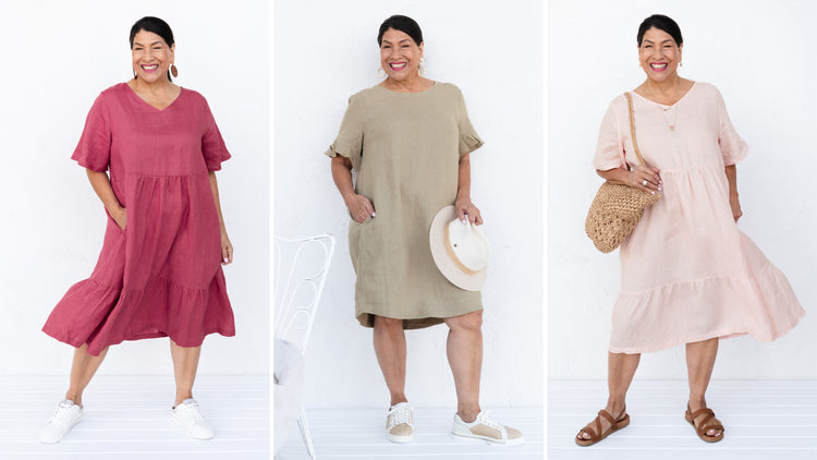 Brunette woman in a variety of flowy linen knee-length and midi dresses.