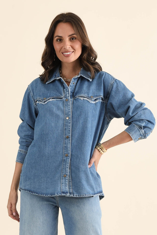 Flynn Blue Denim Button Shirt,brunette model,Front of Outfit,alt text|model:MJ image 1