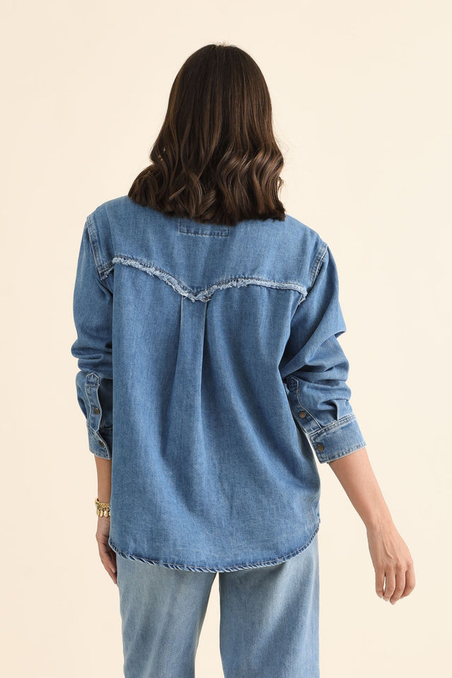 Flynn Blue Denim Button Shirt,brunette model,Back of Outfit,alt text|model:MJ image 4