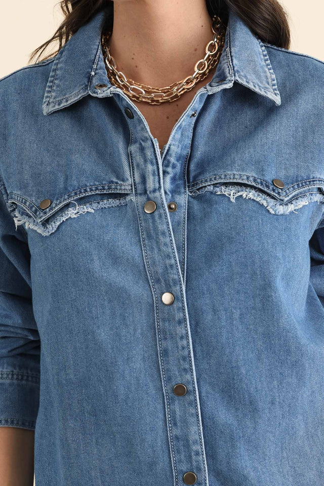 Flynn Blue Denim Button Shirt,brunette model,Close up of outfit,alt text|model:MJ image 5