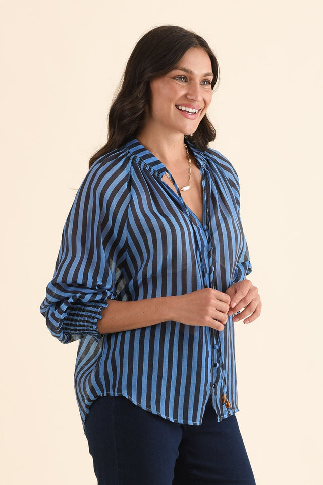 Fontie Blue Stripe Cotton Blouse,Side,Brunette model,alt text|model:Brontie image 3