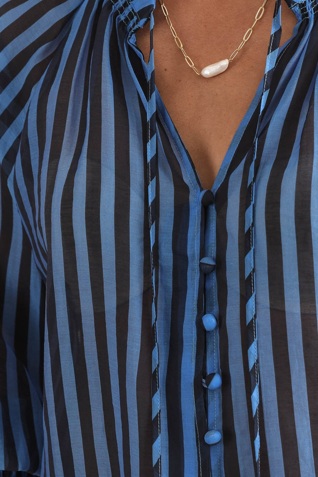 Fontie Blue Stripe Cotton Blouse,Detail,Brunette model,alt text|model:Brontie image 5