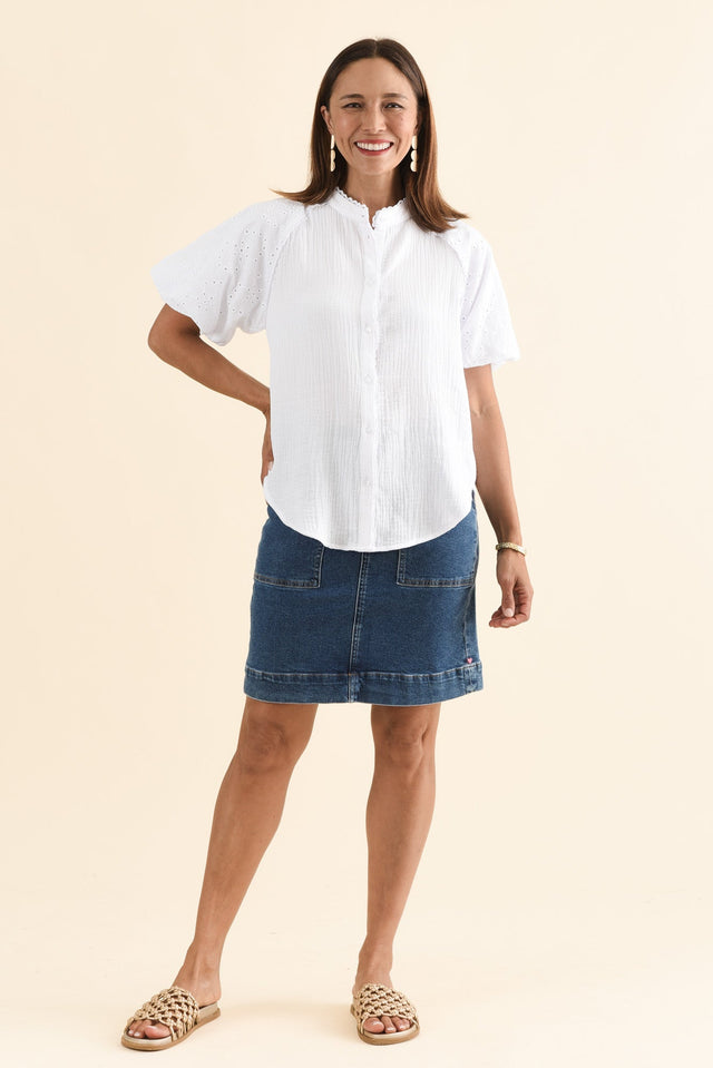Frances White Cotton Embroidered Shirt,Full Body,Brunette model,alt text|model:Cara image 2
