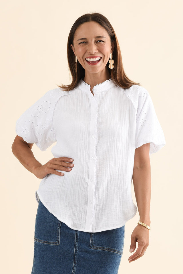 Frances White Cotton Embroidered Shirt,Front,Brunette model,alt text|model:Cara image 1