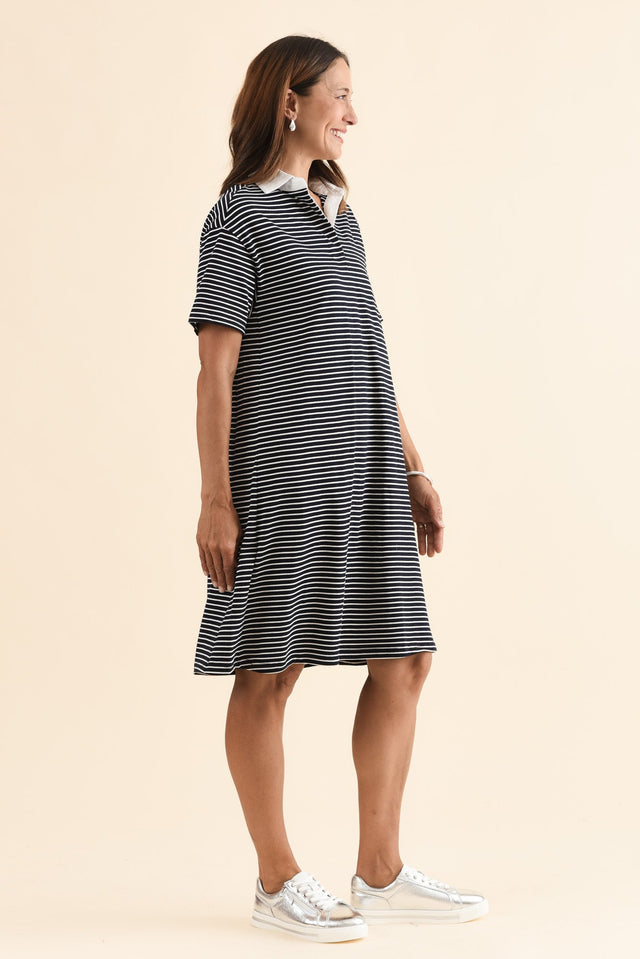 Freddy Navy Stripe Cotton Polo Dress,Side,Brunette model,alt text|model:Cara image 3