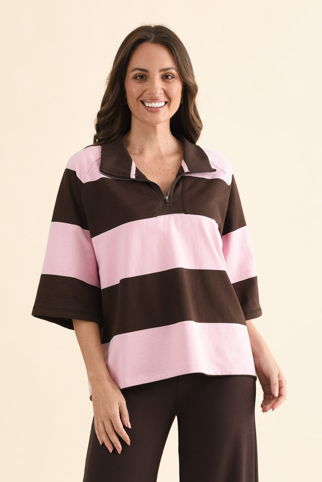Freedom Chocolate Stripe Cotton Collared Sweat,Front,Brunette model,alt text|model:MJ image 1
