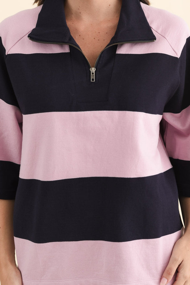Freedom Pink Stripe Cotton Collared Sweat,Brunette model,alt text|model:MJ image 6