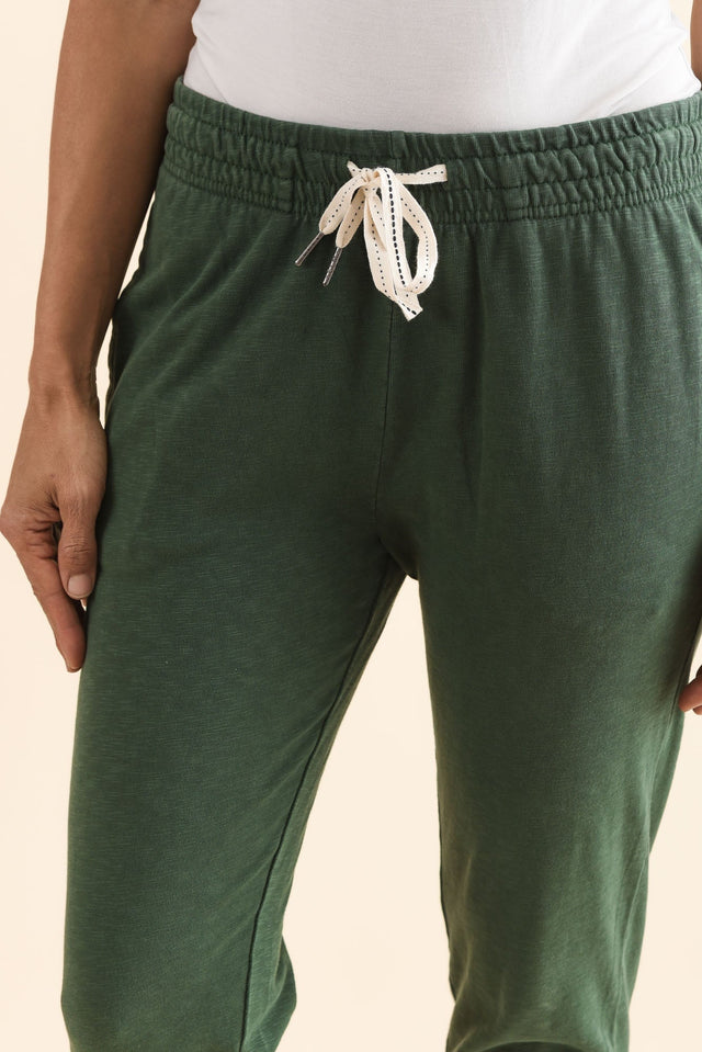Fundamental Brunch Dark Green Cotton Sweatpants,Detail,Brunette model,alt text|model:Cara image 6