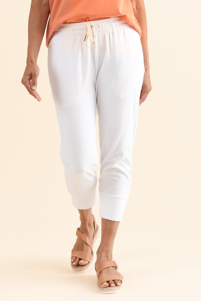 Fundamental Brunch White Cotton Sweatpants,Front,Brunette model,alt text|model:Cara