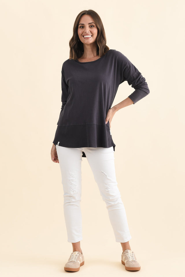Fundamental Navy Cotton Rib Sleeved Top,Brunette model,alt text|model:MJ image 8
