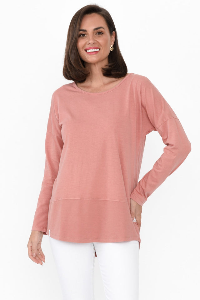 Fundamental Pink Cotton Rib Sleeved Top neckline_Round print_Plain sleevetype_Straight length_Hip hem_Hi Lo sleeve_Long TOPS   alt text|model:MJ;wearing:8