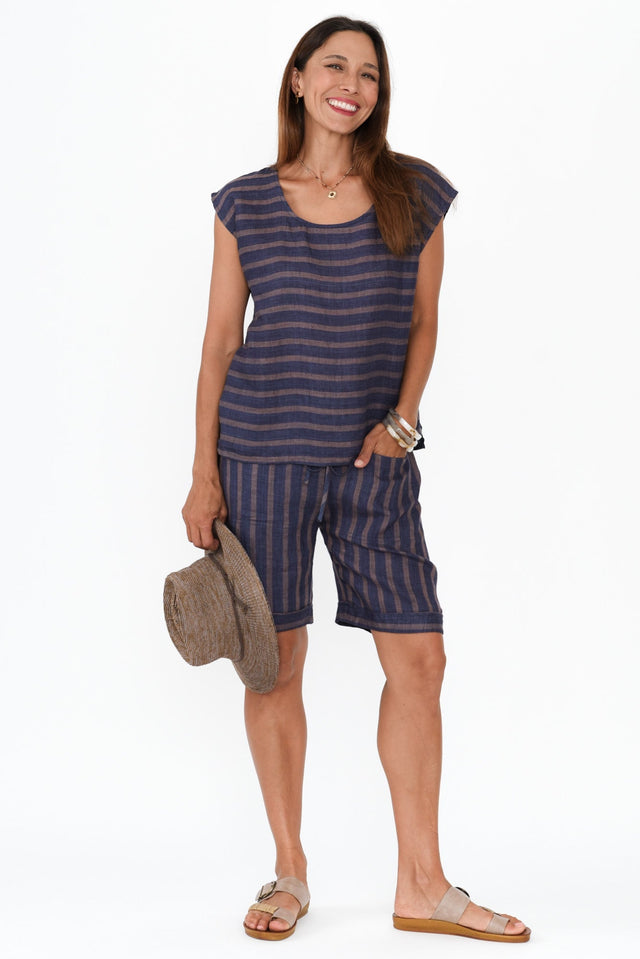 Gabriele Navy Stripe Linen Top,Brunette model,alt text|model:Cara