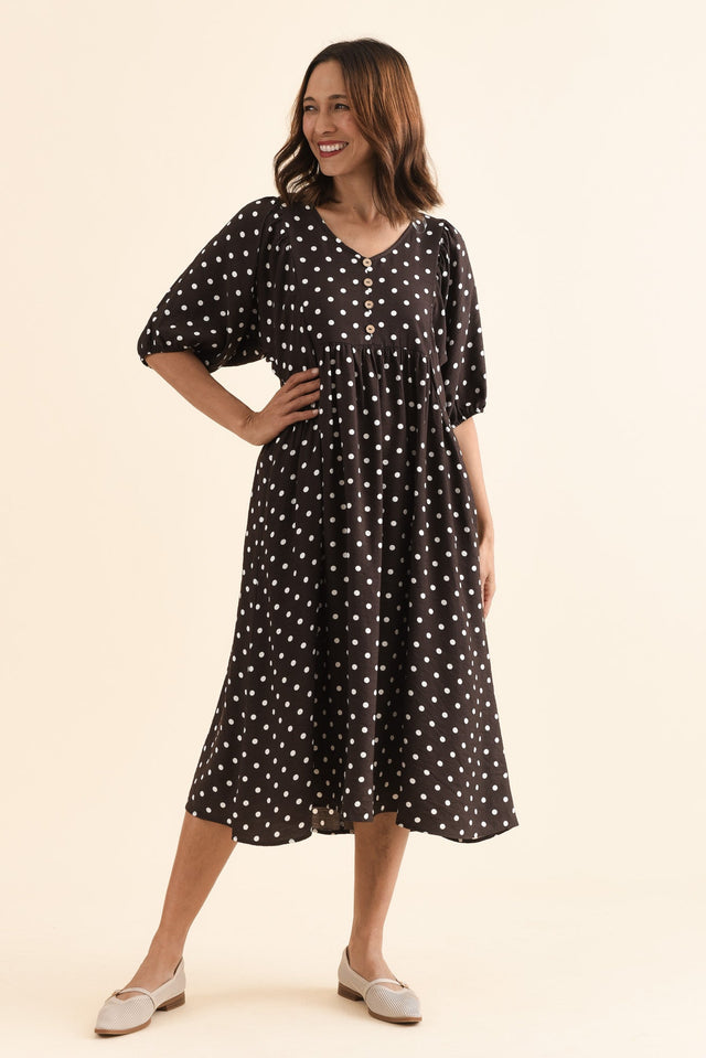 Gabriella Brown Spot Pocket Dress,Full Body,Brunette model,alt text|model:Cara