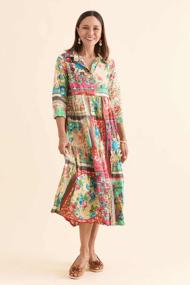 Gada Green Mosaic Cotton Tiered Dress,Full Body,Brunette model,alt text|model:Cara image 3