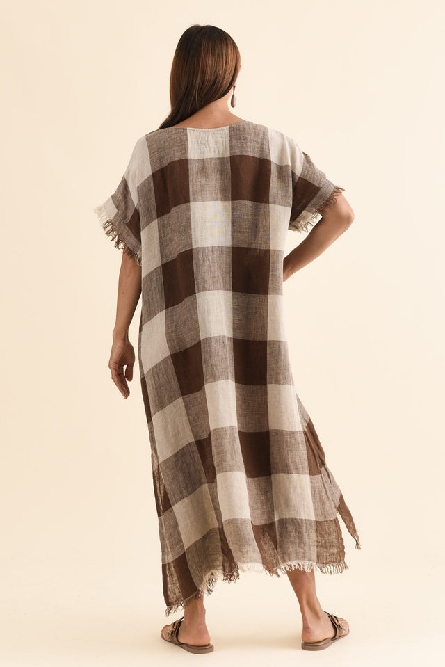 Galene Chocolate Check Linen Dress,Back,Brunette model,alt text|model:Cara image 4