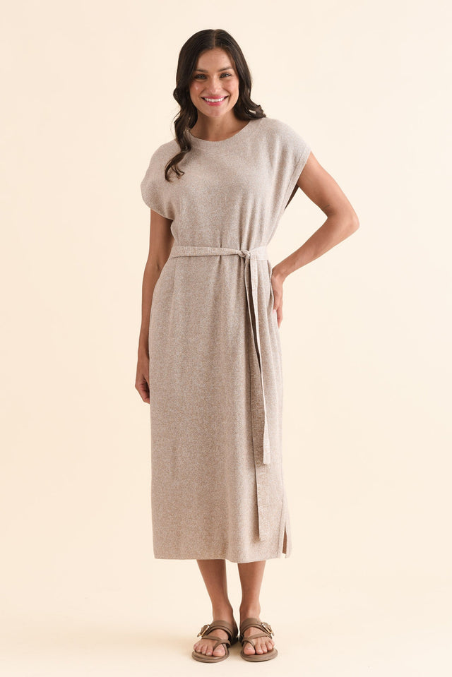 Garrick Beige Cotton Tie Dress,Full Body,Brunette model,alt text|model:Brontie image 2