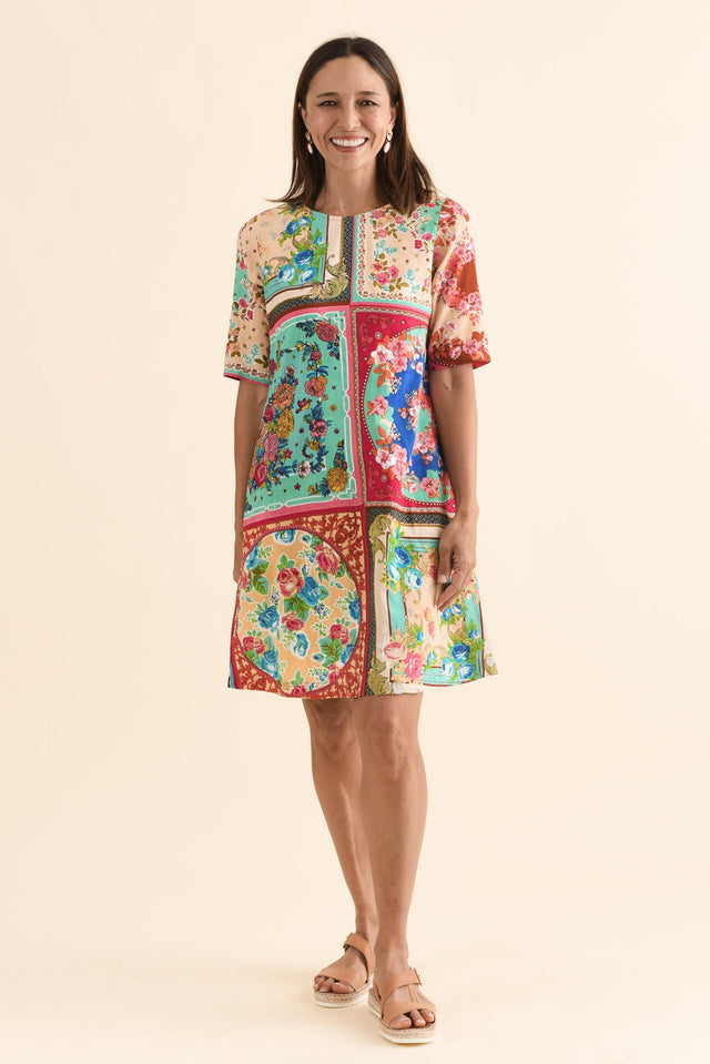 Gerbera Green Mosaic Pocket Dress,Full Body,Brunette model,alt text|model:Cara
