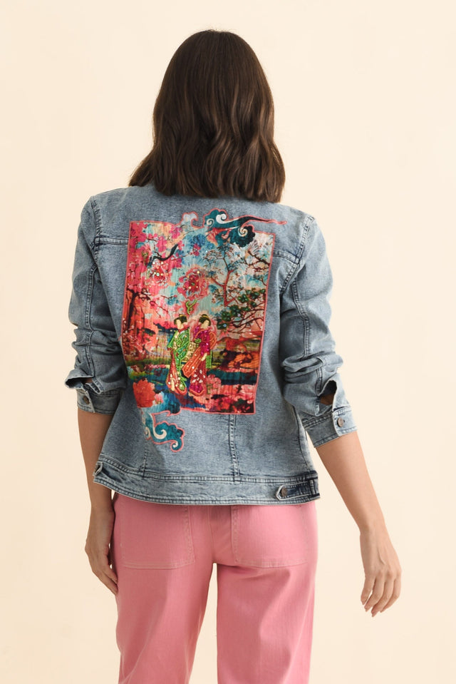 Gerri Pink Garden Denim Jacket,Brunette model,alt text|model:MJ image 5