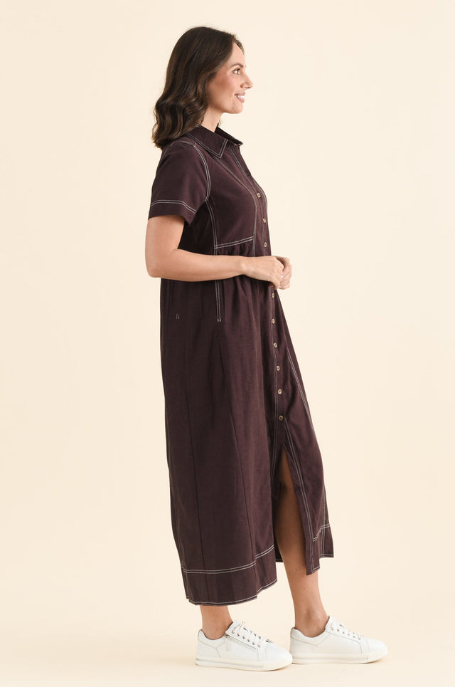 Gertrude Chocolate Contrast Pocket Dress,brunette model,Side of Outfit,alt text|model:MJ image 3