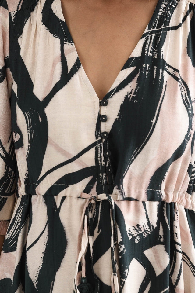 Gilda Black Brush Stroke Tie Dress,brunette model,Close up of outfit,alt text|model:Cara image 5
