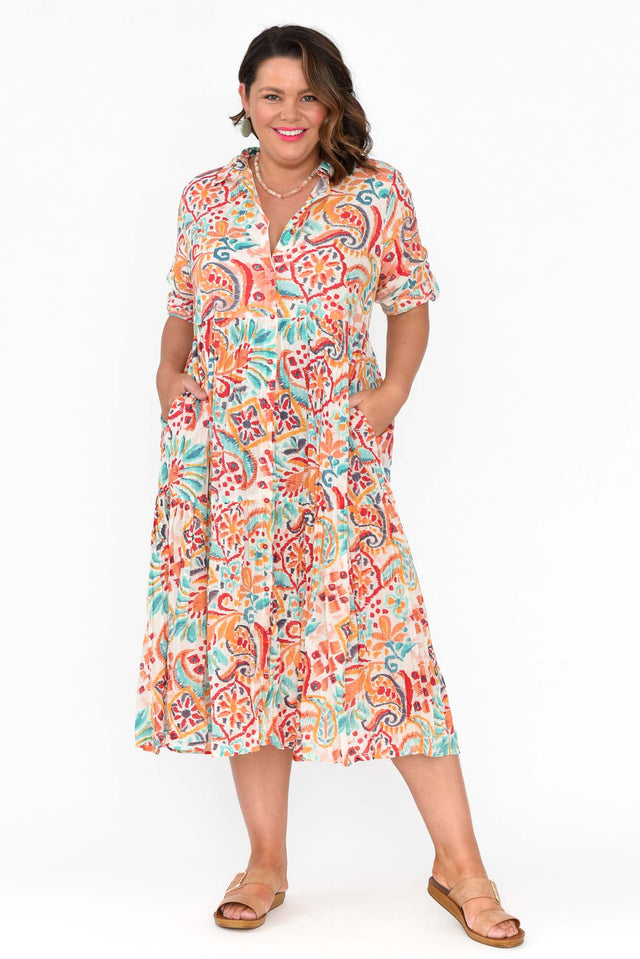 Giza Orange Abstract Organic Cotton Collared Dress image 11