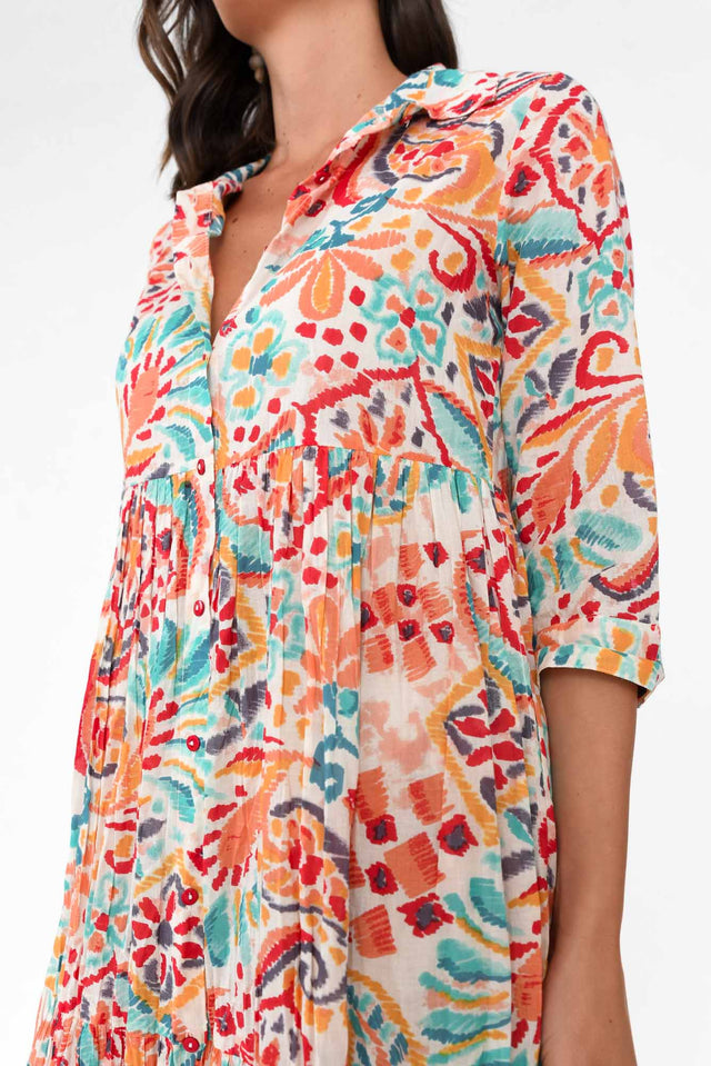 Giza Orange Abstract Organic Cotton Collared Dress image 4
