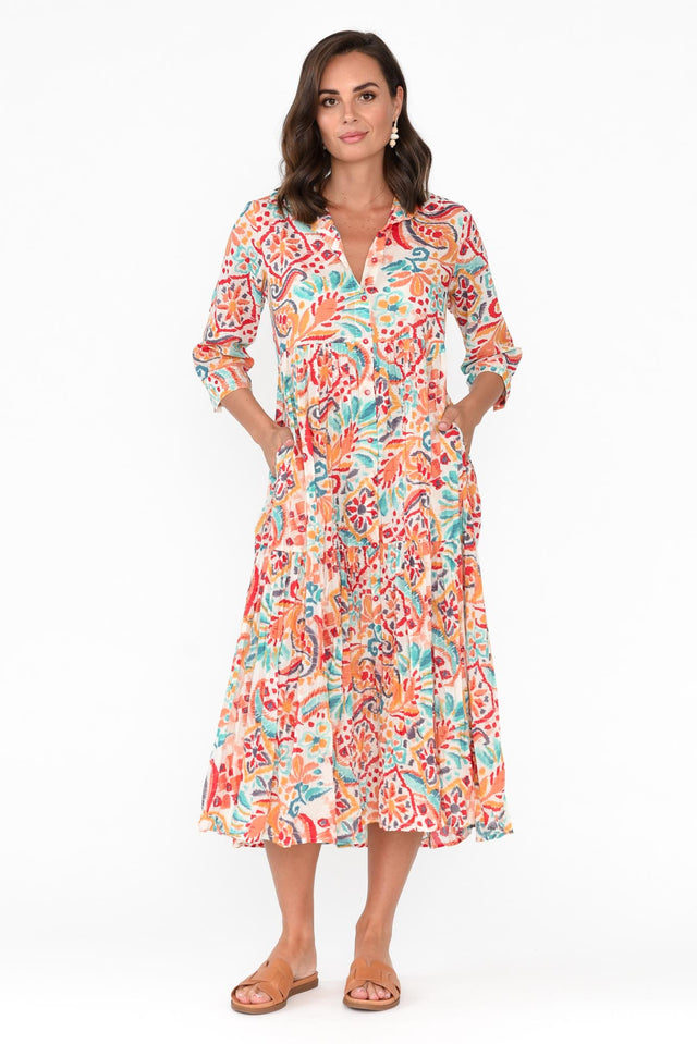 Giza Orange Abstract Organic Cotton Collared Dress,Brunette model,Lifestyle