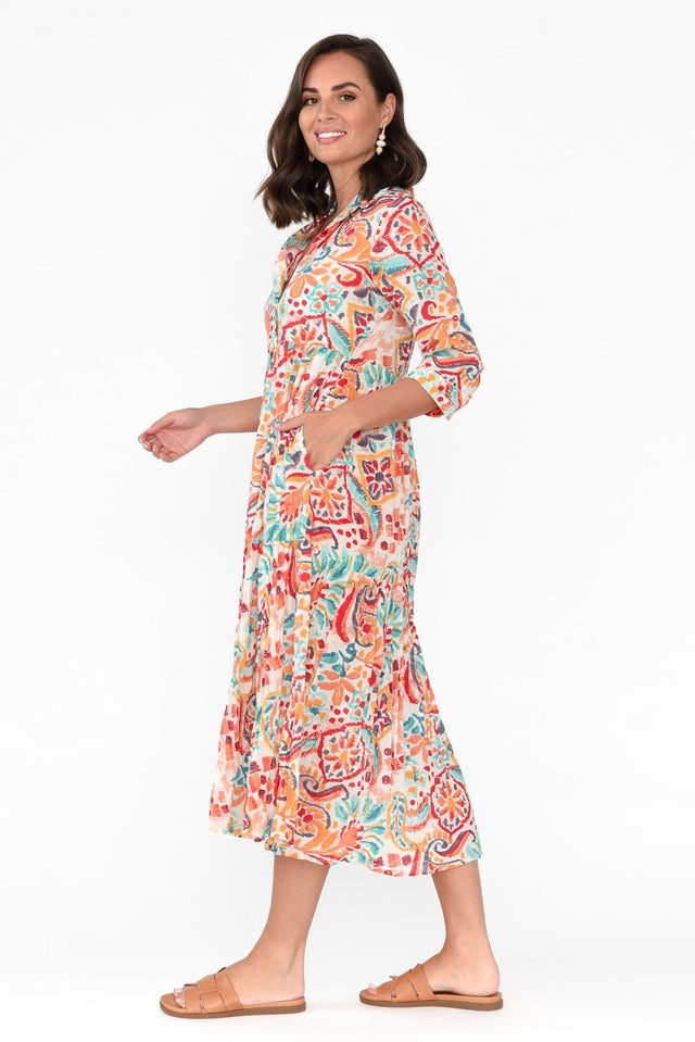 Giza Orange Abstract Organic Cotton Collared Dress image 5