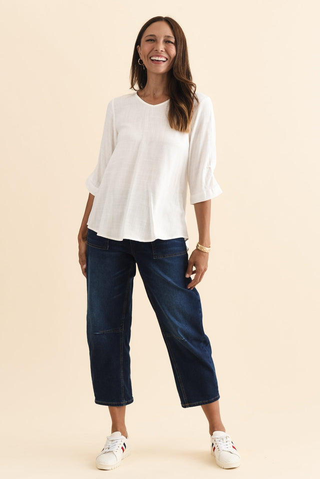 Gomez White Button Top,Brunette model,alt text|model:Cara image 4