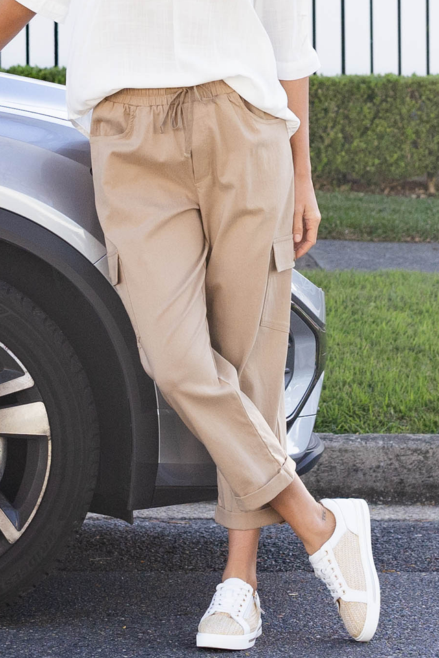 Cindy Beige Denim Cargo Pants,Brunette model,Lifestyle