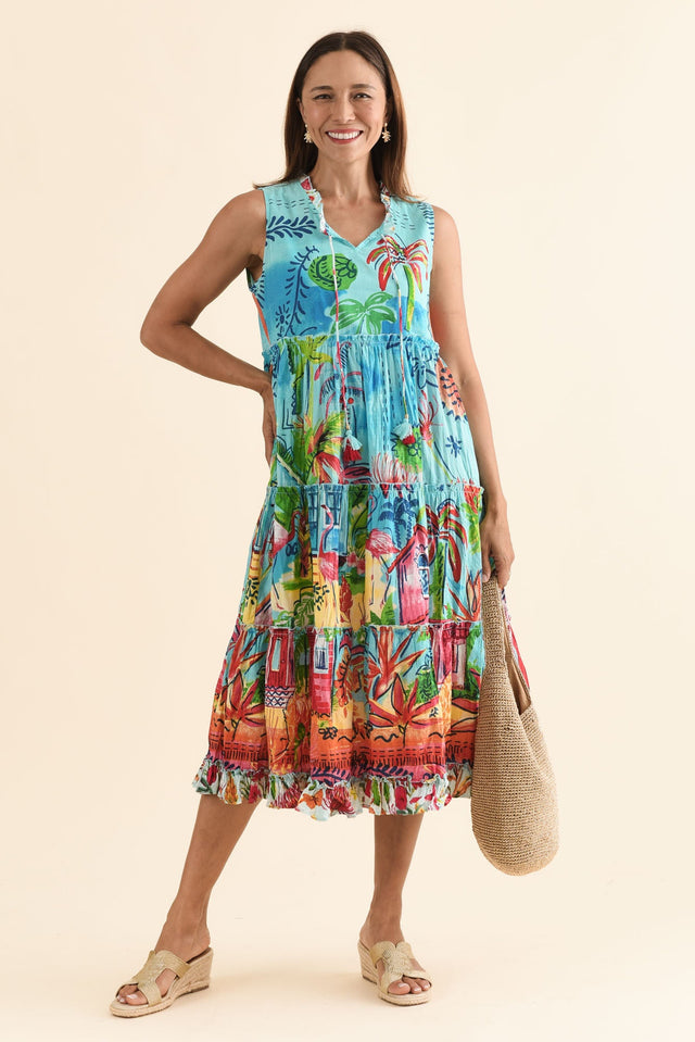 Gordo Blue Vista Cotton Sleeveless Dress,Front,Brunette model,alt text|model:Cara