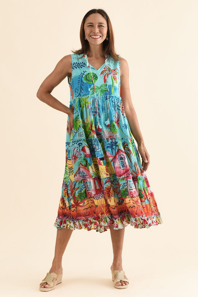 Gordo Blue Vista Cotton Sleeveless Dress,Full Body,Brunette model,alt text|model:Cara