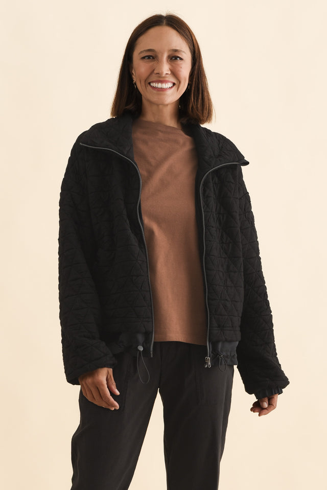 Grace Black Bamboo Silk Quilted Jacket,Brunette model,alt text|model:Cara image 1