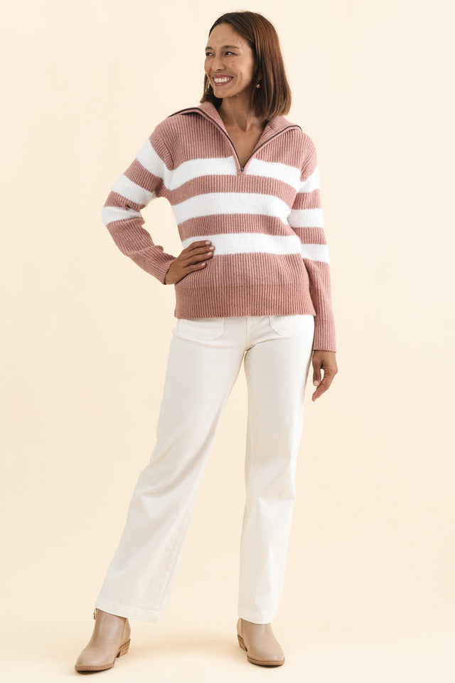 Gracie Pink Stripe Half Zip Knit Jumper,Brunette model,alt text|model:Cara image 7