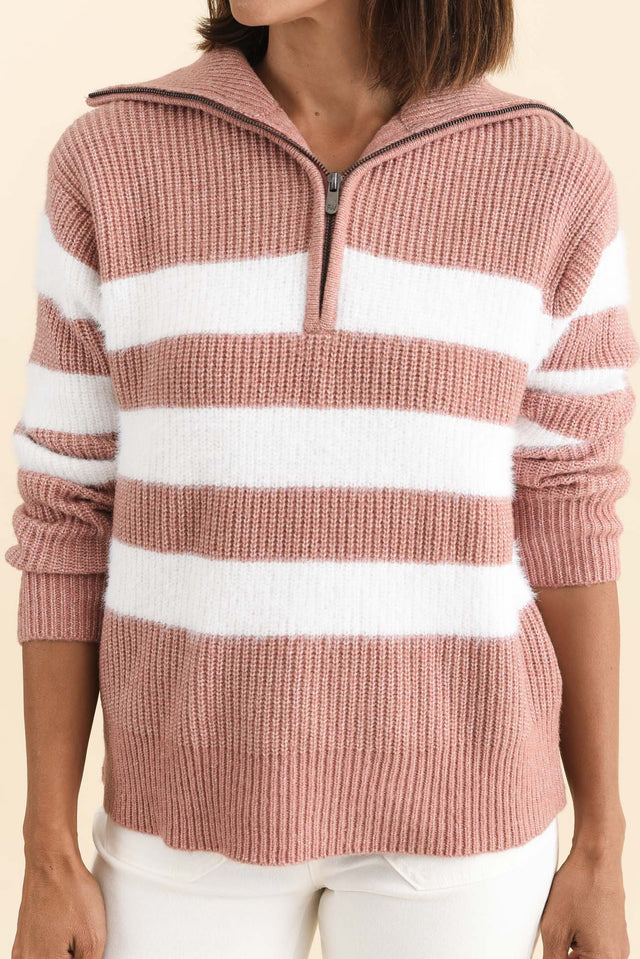 Gracie Pink Stripe Half Zip Knit Jumper,Brunette model,alt text|model:Cara image 6