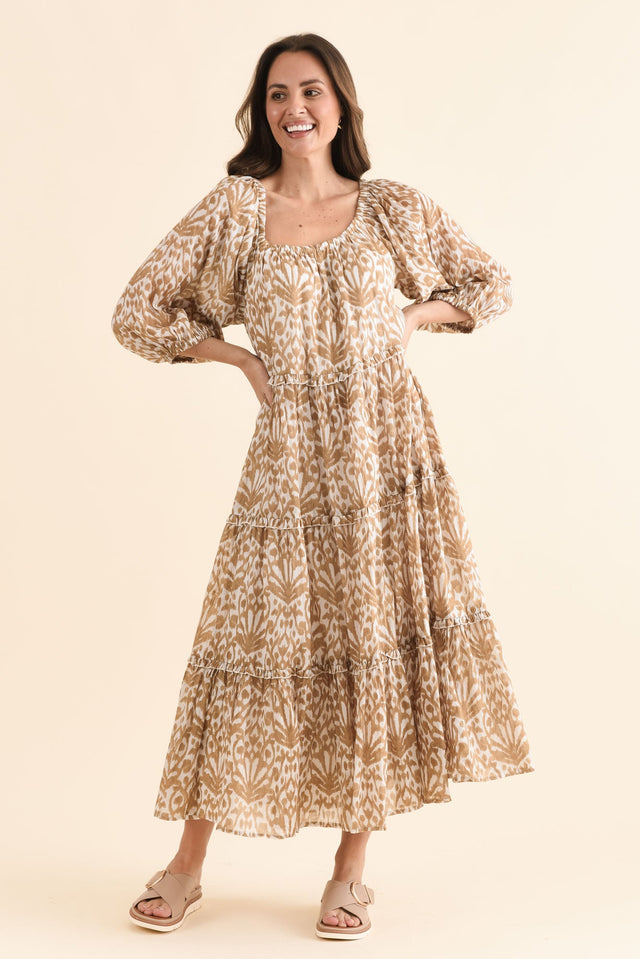 Grenadine Taupe Motif Cotton Dress,Full Body,Brunette model,alt text|model:MJ image 6