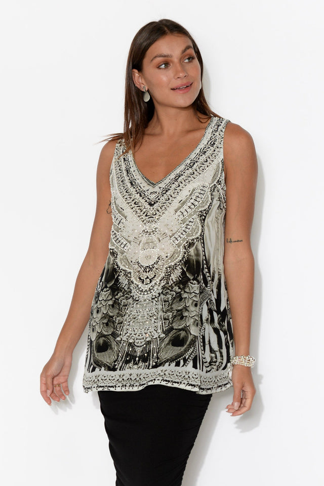 Grey Safari Silk Singlet Top    alt text|model:Brontie